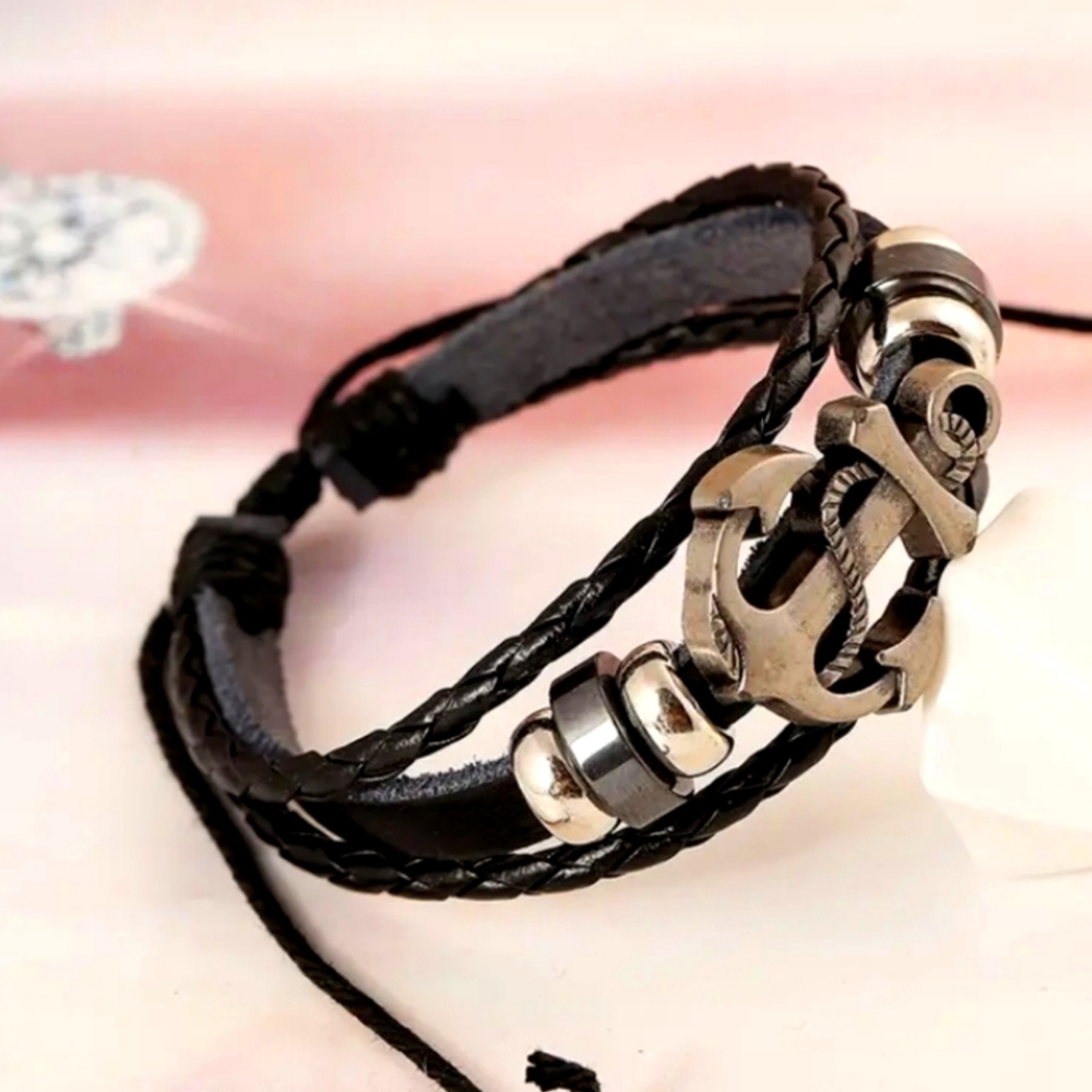 Unisex Vintage Boat Anchor Leather Adjustable Multi Layer Braided Bracelet